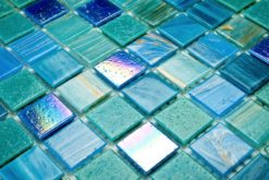 Glasmosaik 2x2cm, mix blå, turkos, oljig med guldinslag