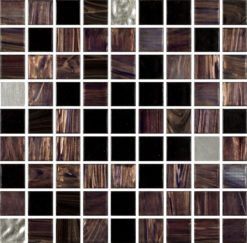 Glasmosaik 2x2cm, mix av svart, lila, brun med guldinslag & vita guldbitar