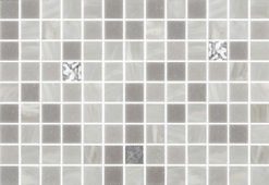 Glasmosaik 2x2cm, Mix av grå + vita guldbitar