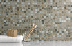 Glasmosaik 2x2cm, Mix av beige, grå + vita guldbitar