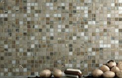 Glasmosaik 2x2cm, Mix av beige, grå + vita guldbitar