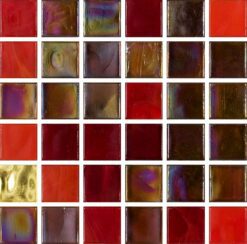 Glasmosaik 1,5×1,5cm,  mix röd, orange, oljig och guldbitar
