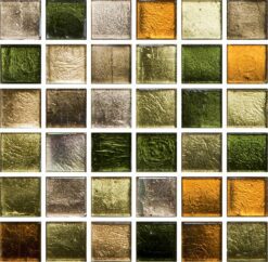 Glasmosaik 1,5×1,5cm, metallmix grön, guld, orange
