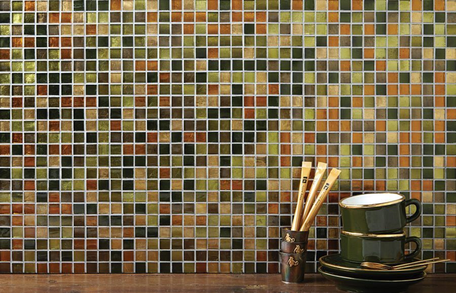 Glasmosaik 1,5×1,5cm, metallmix grön, guld, orange