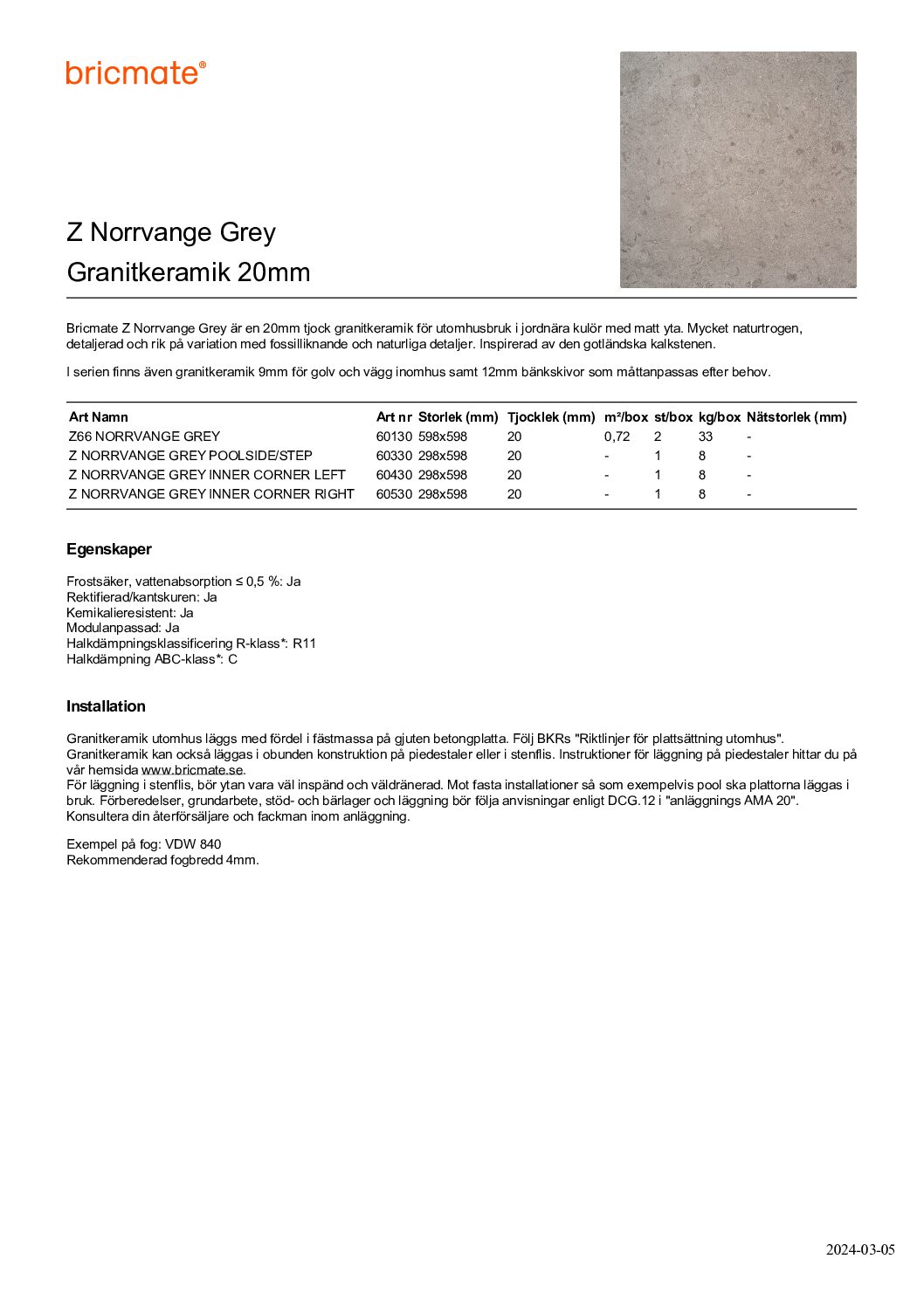 Z66 NORRVANGE LIGHT GREY 20mm