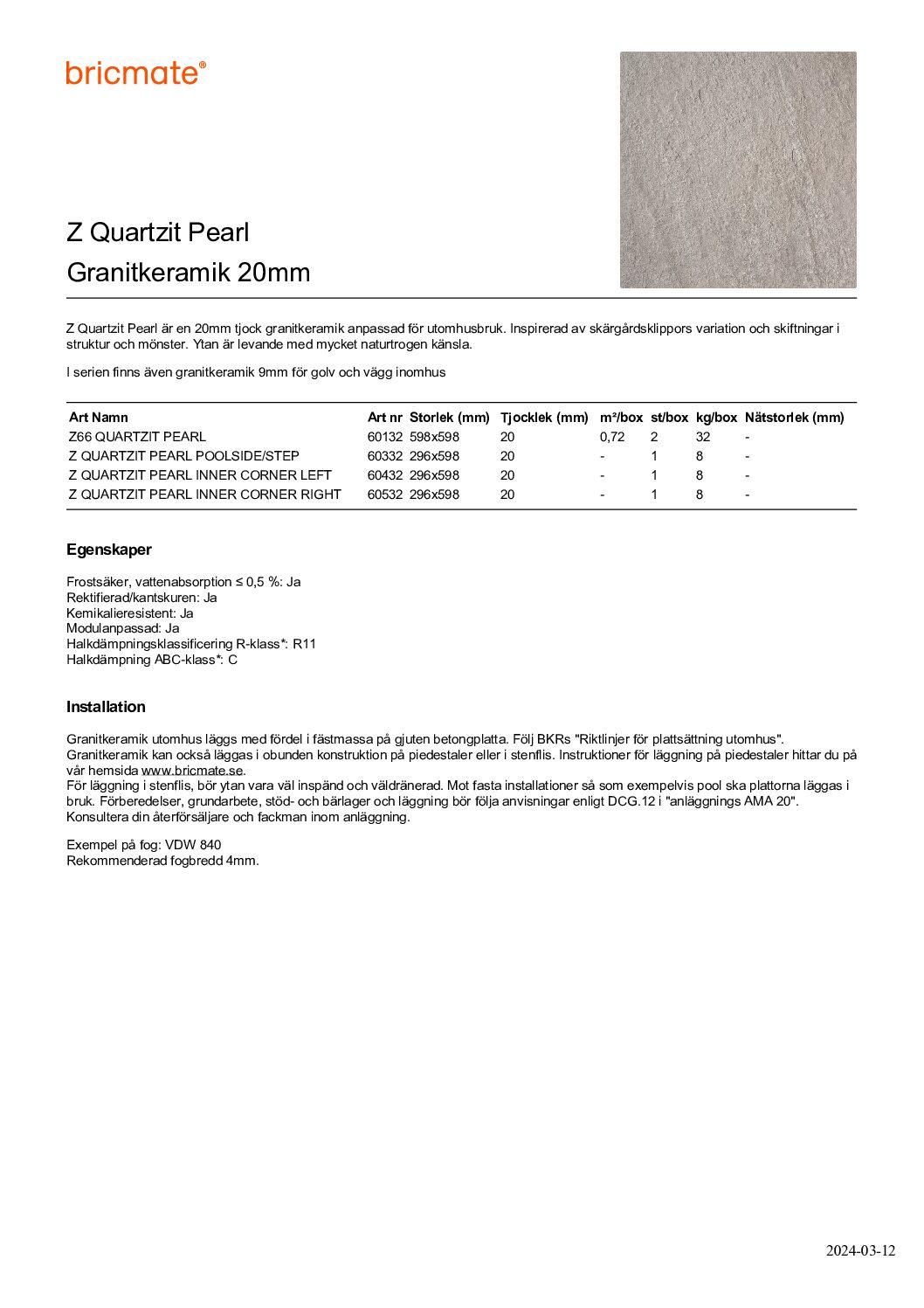 Z66 QUARTZIT PEARL 20mm